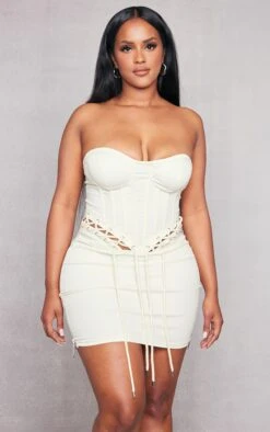 Shape Cream Denim Look Rope Detail Lace Up Corset Bodycon Dress