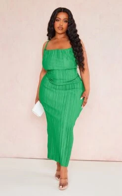 Plus Green Abstract Plisse Strappy Midi Dress