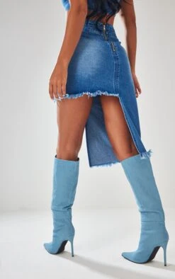 Indigo Blue Wash Raw Hem Asymmetric Denim Midi Skirt -VelvetMuse Store 38342ebedfc8219f597a288943e171ea5d5cc234 cnc5711 3