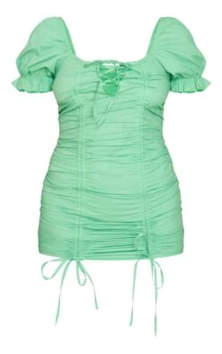 Green Lace Up Ruched Puff Sleeve Bodycon Dress -VelvetMuse Store 397eb798f3da2648a739bf9fd59bf2c0379f2d47 cnd5463 5