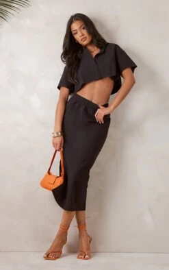 Tall Black Linen Look Midi Skirt