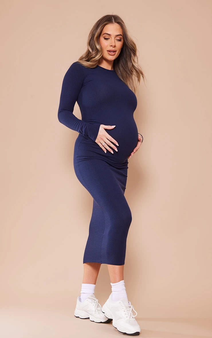 Maternity Ink Blue Long Sleeve Ribbed Midi Dress 3 Maternity Ink Blue Long Sleeve Ribbed Midi Dress - Image 3
