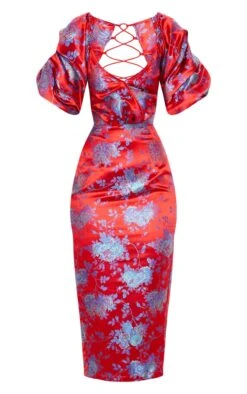 Red Floral Jacquard Lace Up Back Midi Dress -VelvetMuse Store 3abfe7f6538d113f5ca6f0c263e44e486be4db81 cmh1122 5