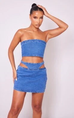 Indigo Blue Wash Cut Out Waistband Denim Mini Skirt