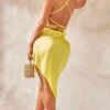 Lemon Satin Strappy Lace Back Midi Dress
