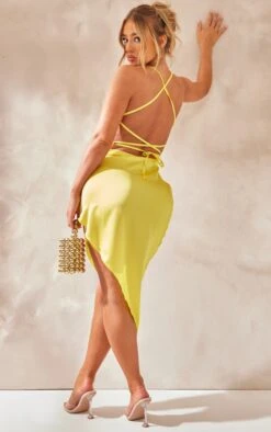 Lemon Satin Strappy Lace Back Midi Dress