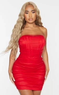 Shape Red Mesh Corset Detail Ruched Bodycon Dress