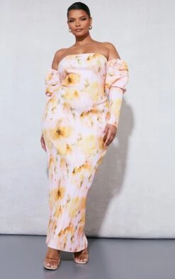 Plus Pink Blurred Floral Plisse Puff Sleeve Midi Dress