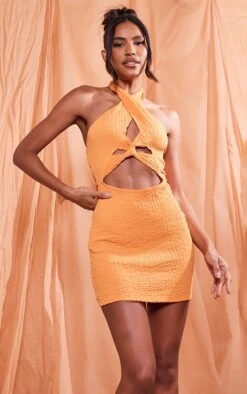 Orange Textured Halter Twist Detail Bodycon Dress -VelvetMuse Store 4030e5a0eabe022ada4bc5303d61f534e4640dfd cnd5890 3