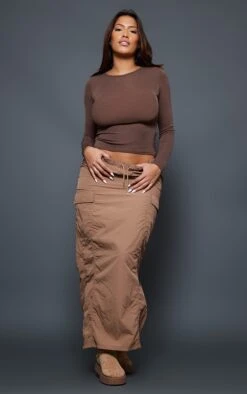 Shape Taupe Parachute Cargo Pocket Detail Tie Waist Midi Skirt