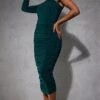 Emerald Green Slinky One Shoulder Ruched Midi Dress