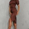 Chocolate Satin Short Sleeve Ruched Midaxi Dress