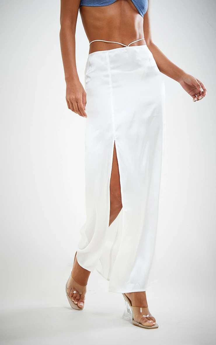 White Satin Tie Front Split Thigh Midaxi Skirt 2 White Satin Tie Front Split Thigh Midaxi Skirt - Image 2