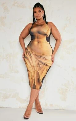 Plus Brown Statue Body Print Midi Skirt