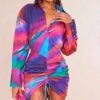 Multi Abstract Print Oversized Shirt Ruched Bodycon Dress