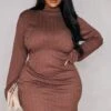 Plus Chocolate Rib High Neck Bodycon Dress