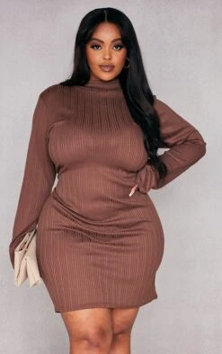 Plus Chocolate Rib High Neck Bodycon Dress