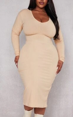Plus Beige Rib Scoop Neck Long Sleeve Midi Dress -VelvetMuse Store 44f734c9cd830bed9da2fc22e80765ec315326c5 cnc5152 4
