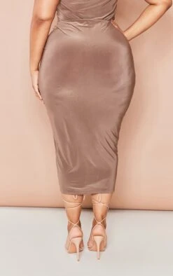 Plus Mocha Slinky Ruched Front Midi Skirt -VelvetMuse Store 45622078d806500f0eedb14286578b3738bd67e0 cna5444 3