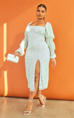 Plus Dusty Blue Floral Puff Sleeve Midi Dress -VelvetMuse Store 4877809797a1302c796f69fe48d087d5ab5b9846 cmw4106 4