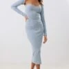 Steel Blue Textured Rib Bandeau Sleeve Detail Midi Dress