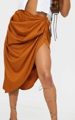 Brown Ruched Side Midi Skirt -VelvetMuse Store 49cb739f12729221ff9acd3548fb13e1ca7e6d5b cmn8197 4