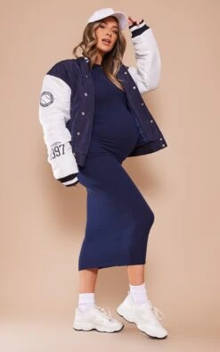 Maternity Ink Blue Long Sleeve Ribbed Midi Dress