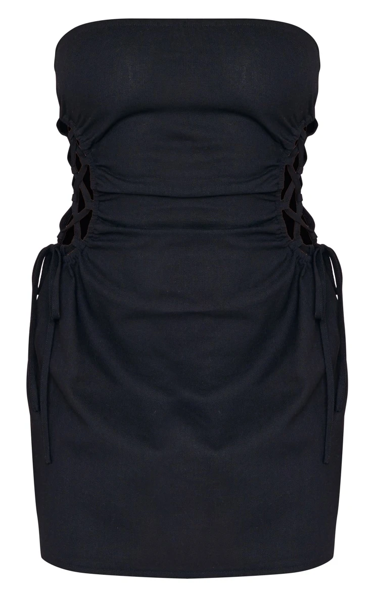Black Linen Look Bandeau Lace Up Side Bodycon Dress 5 Black Linen Look Bandeau Lace Up Side Bodycon Dress - Image 5