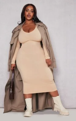 Plus Beige Rib Scoop Neck Long Sleeve Midi Dress -VelvetMuse Store 4f04962de5ffc30f955f7fb358edb0e2fa292aeb cnc5152 3