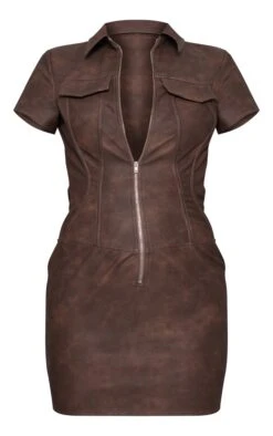 Brown Faux Leather Binding Detail Zip Through Bodycon Dress -VelvetMuse Store 4fad2f42970b8914dcf7b48fccdf8e3e0b7ce8de cnc8304 5