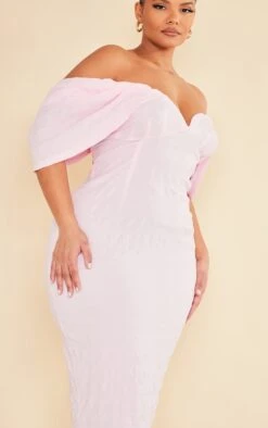 Plus Baby Pink Textured Bardot Midi Dress -VelvetMuse Store 51b906753edfb5eaf2acdc0468f22b8c34df6ed6 cnd2790 4