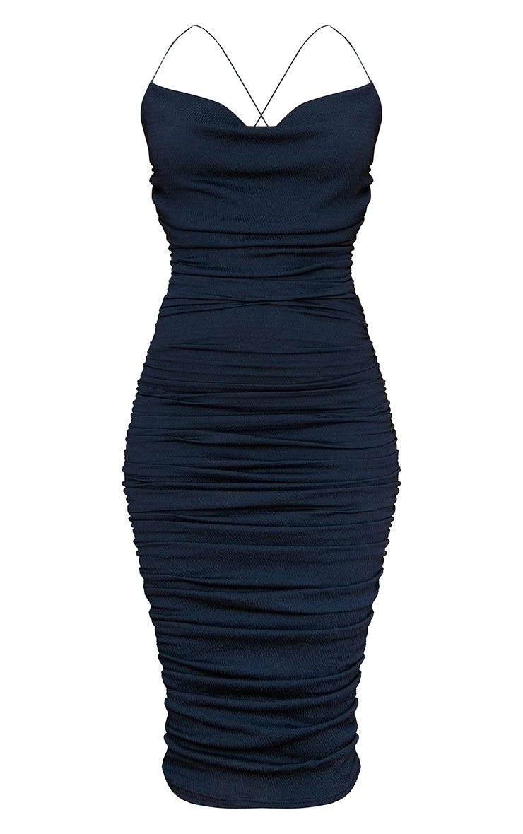 Navy Crinkle Texture Ruched Cowl Neck Midi Dress 5 Navy Crinkle Texture Ruched Cowl Neck Midi Dress - Image 5