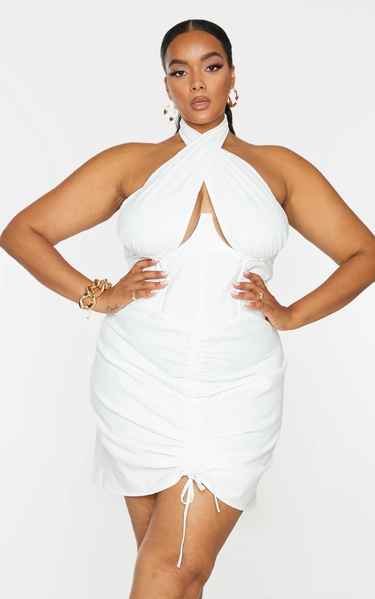 Plus White Corset Ruched Linen Look Bodycon Dress 3 Plus White Corset Ruched Linen Look Bodycon Dress - Image 3
