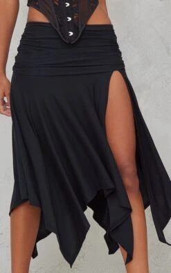 Black Soft Touch Ruched Asymetric Midi Skirt -VelvetMuse Store 53f0e3e15b333275dffc104e1589b978741df282 cnd3695 4
