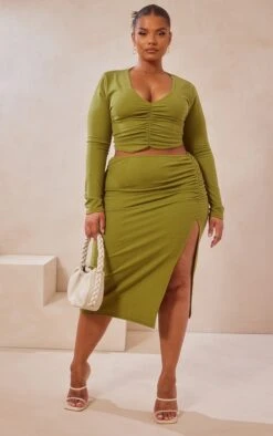 Plus Olive Ruched Front Side Split Midi Skirt