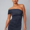 Navy Slinky Ruched Asymmetric One Shoulder Bodycon Dress
