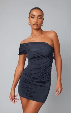 Navy Slinky Ruched Asymmetric One Shoulder Bodycon Dress