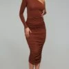 Chocolate Slinky One Shoulder Ruched Midi Dress