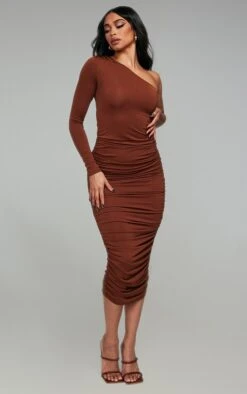 Chocolate Slinky One Shoulder Ruched Midi Dress