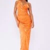 Orange Floral Devore Drape Wrap Split Midaxi Dress