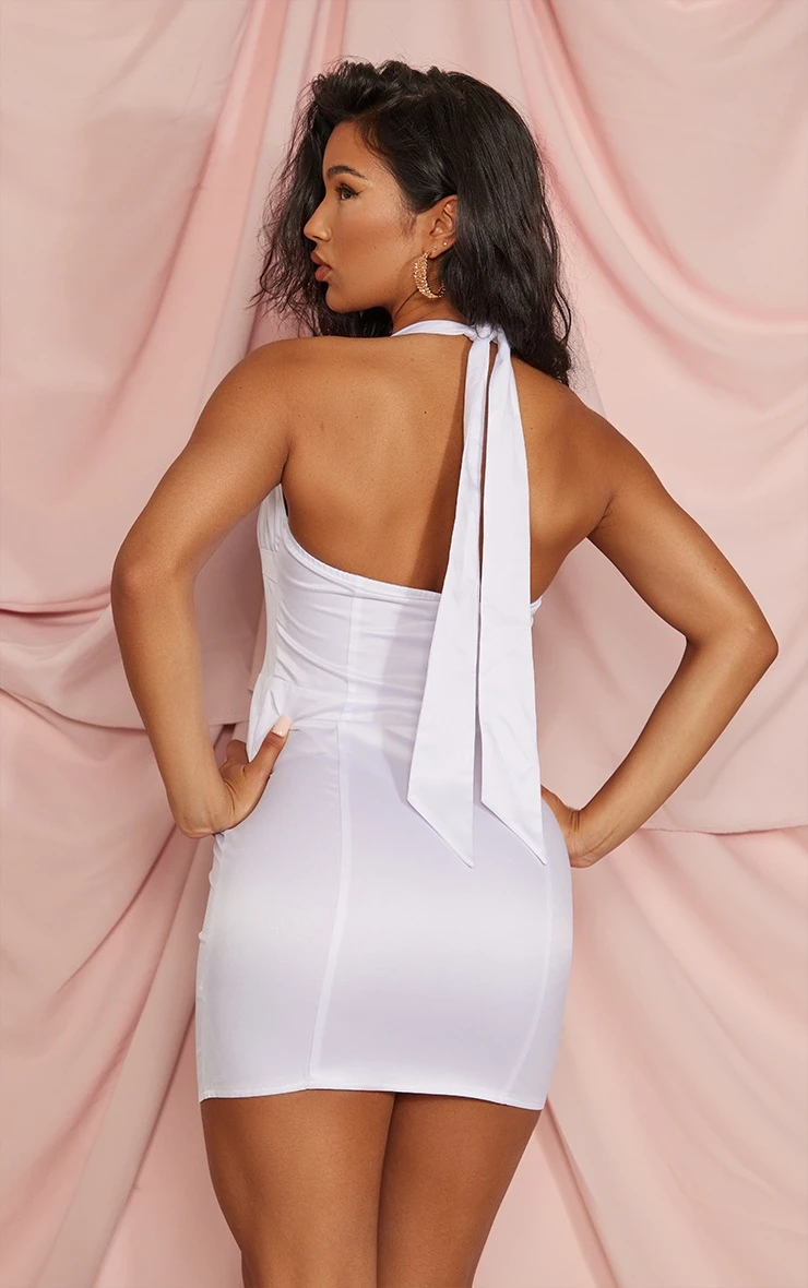 White Satin Boning Detail Halter Tie Bodycon Dress 2 White Satin Boning Detail Halter Tie Bodycon Dress - Image 2