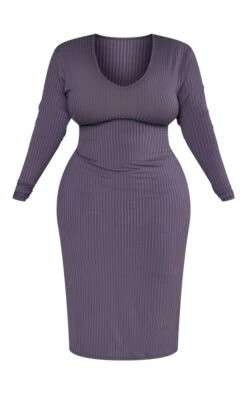 Plus Charcoal Rib Scoop Neck Long Sleeve Midi Dress -VelvetMuse Store 598aa0e86c083aad1d9eb7bef68658e06a97bd3a cnc5153 5