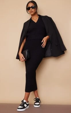 Tall Black Knitted Bodycon Midi Skirt