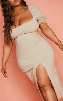 Plus Stone Stretch Woven Puff Sleeve Midi Dress -VelvetMuse Store 5d80a62c724724b9ce38dd86f89836506d999388 cmy8530 5