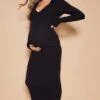 Maternity Black Crinkle Rib Plunge Midi Polo Dress