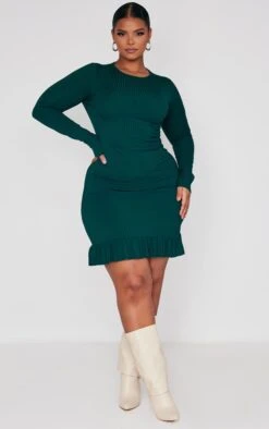 Plus Emerald Green Rib Frill Hem Bodycon Dress