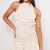 Stone Linen Look Shirred High Neck Frill Hem Bodycon Dress