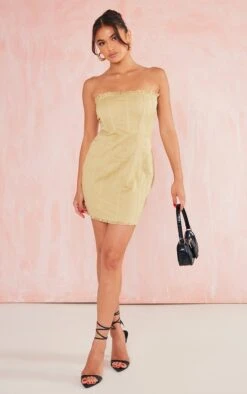 Sage Linen Look Bandeau Binding Detail Frayed Hem Bodycon Dress