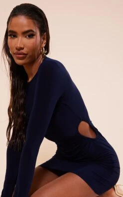 Ink Blue Slinky Long Sleeve Side Cut Out Bodycon Dress -VelvetMuse Store 64e896e0ae8fe7473b03a246d88c6b62e83dbb75 cnc3004 4