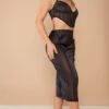 Black Satin Mesh Panelled Midi Skirt